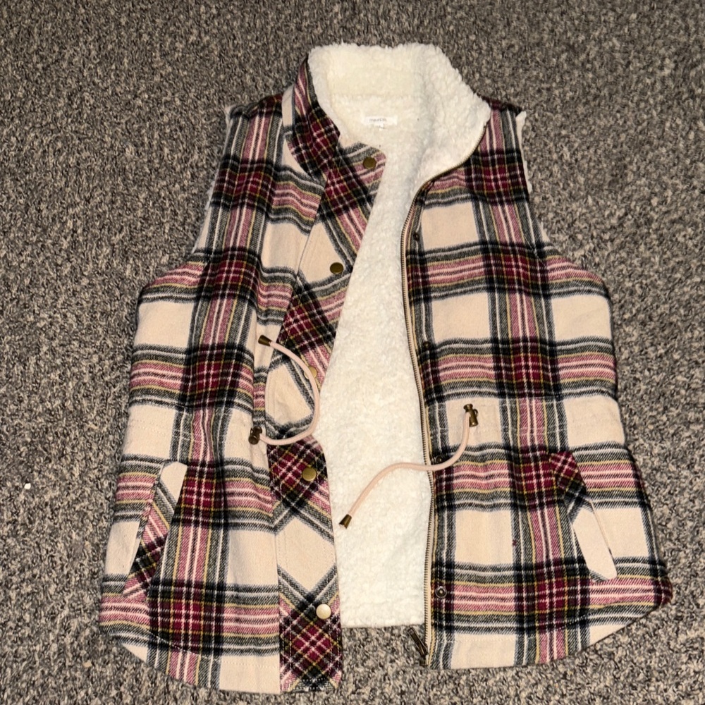 Maurices Cream and Red Plaid Vest with Fleece Lining